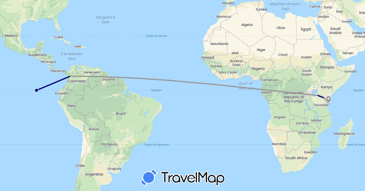 TravelMap itinerary: driving, plane in Colombia, Ecuador, Tanzania (Africa, South America)